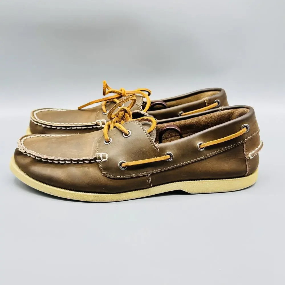 J Crew Shoes Mens 10 Brown Leather Boat Deck Casual Moc Toe Lace Up Comfort